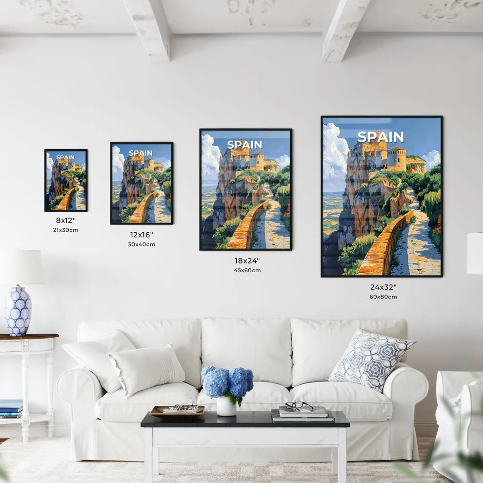 Spain, Europe - Stone Path to Majestic Clifftop Castle: A Vibrant Brushstroke Masterpiece Size Chart