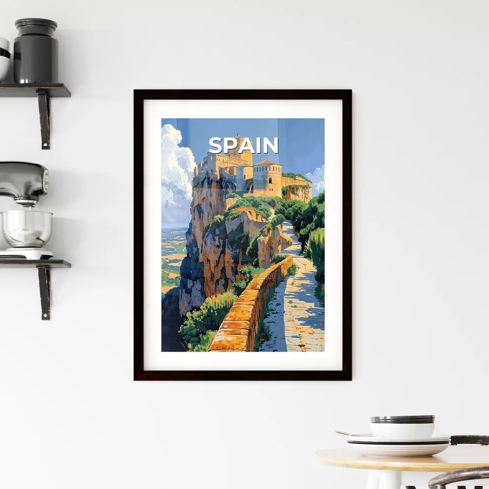 Spain, Europe - Stone Path to Majestic Clifftop Castle: A Vibrant Brushstroke Masterpiece Custom Print