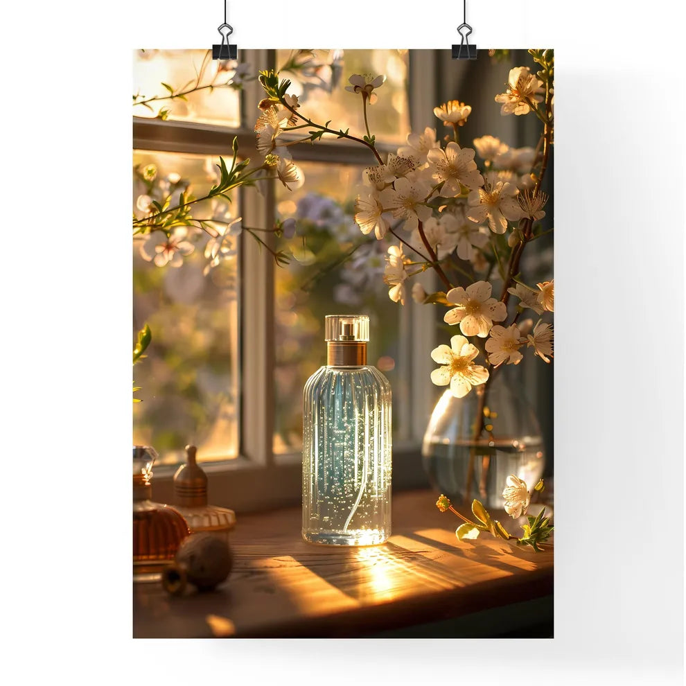 Vibrant Still Life of Perfume and Flowers wi Poster