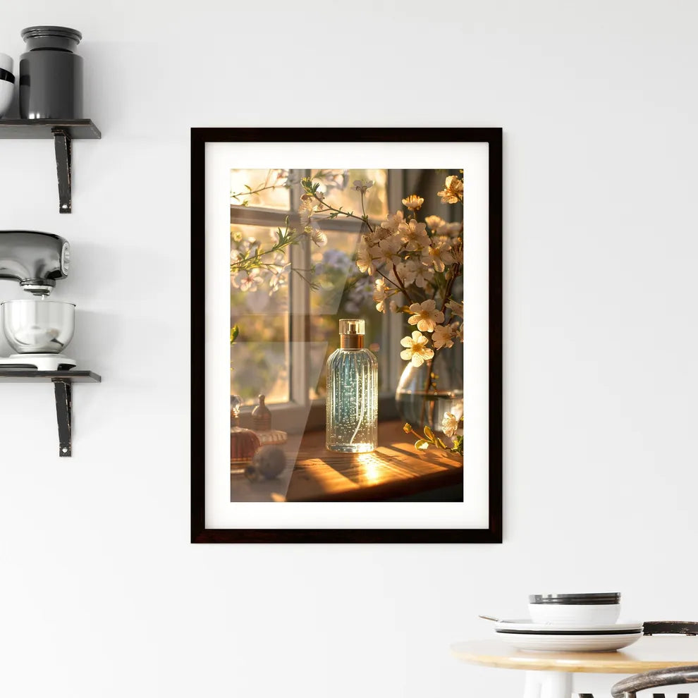 Vibrant Still Life of Perfume and Flowers wi Framed Print