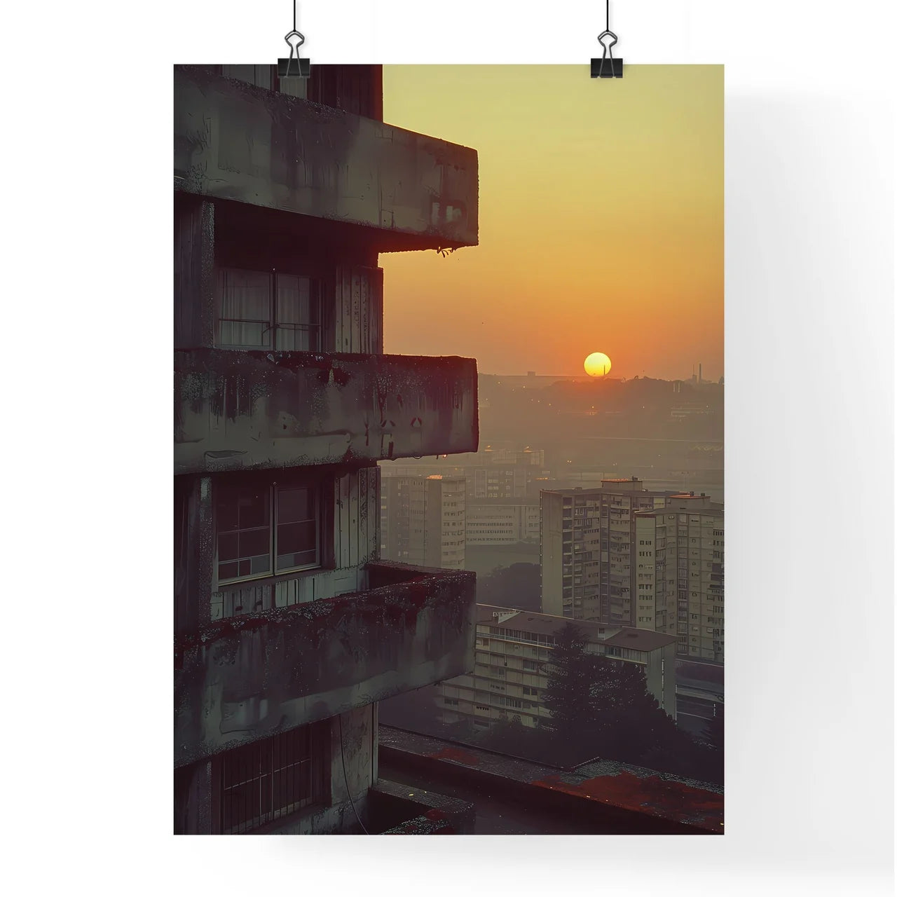 Minimalist Sunset over City Balconies Painting by Pierre Pellegrini, Vibrant Art Scene Poster