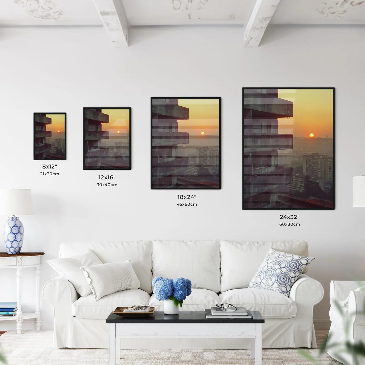 Minimalist Sunset over City Balconies Painting by Pierre Pellegrini, Vibrant Art Scene Size Chart