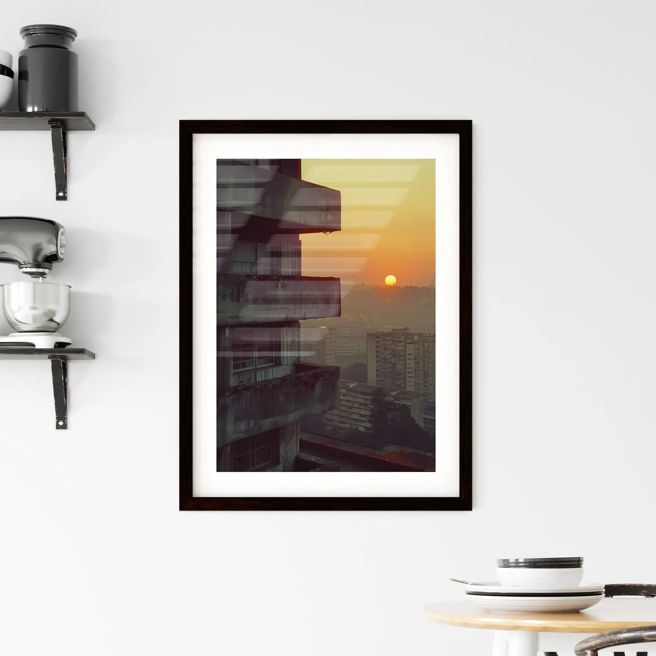 Minimalist Sunset over City Balconies Painting by Pierre Pellegrini, Vibrant Art Scene Custom Print