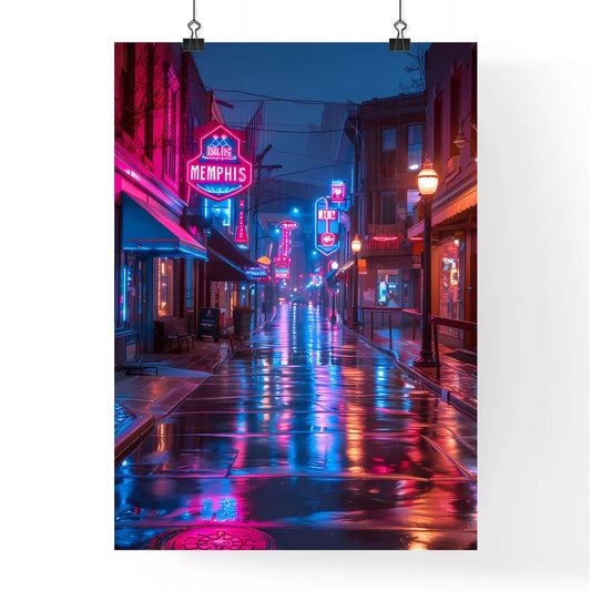 Nighttime view of a striking, vibrant, blue neon Memphis sign, showcasing artistry and urban aesthetic. Poster