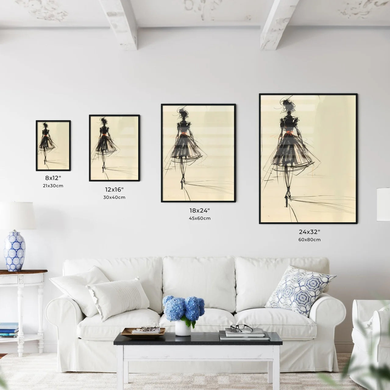 Eye-Catching Fashion Design Sketch of a Woman in Flowing Dress Size Chart