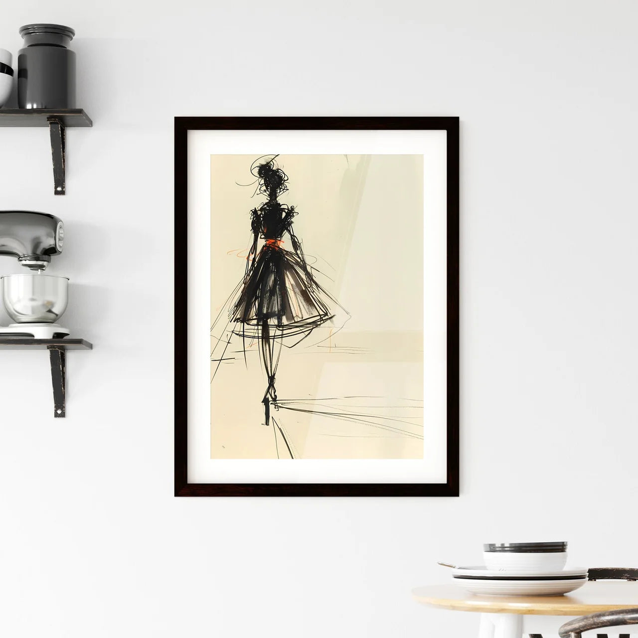 Eye-Catching Fashion Design Sketch of a Woman in Flowing Dress Framed Print