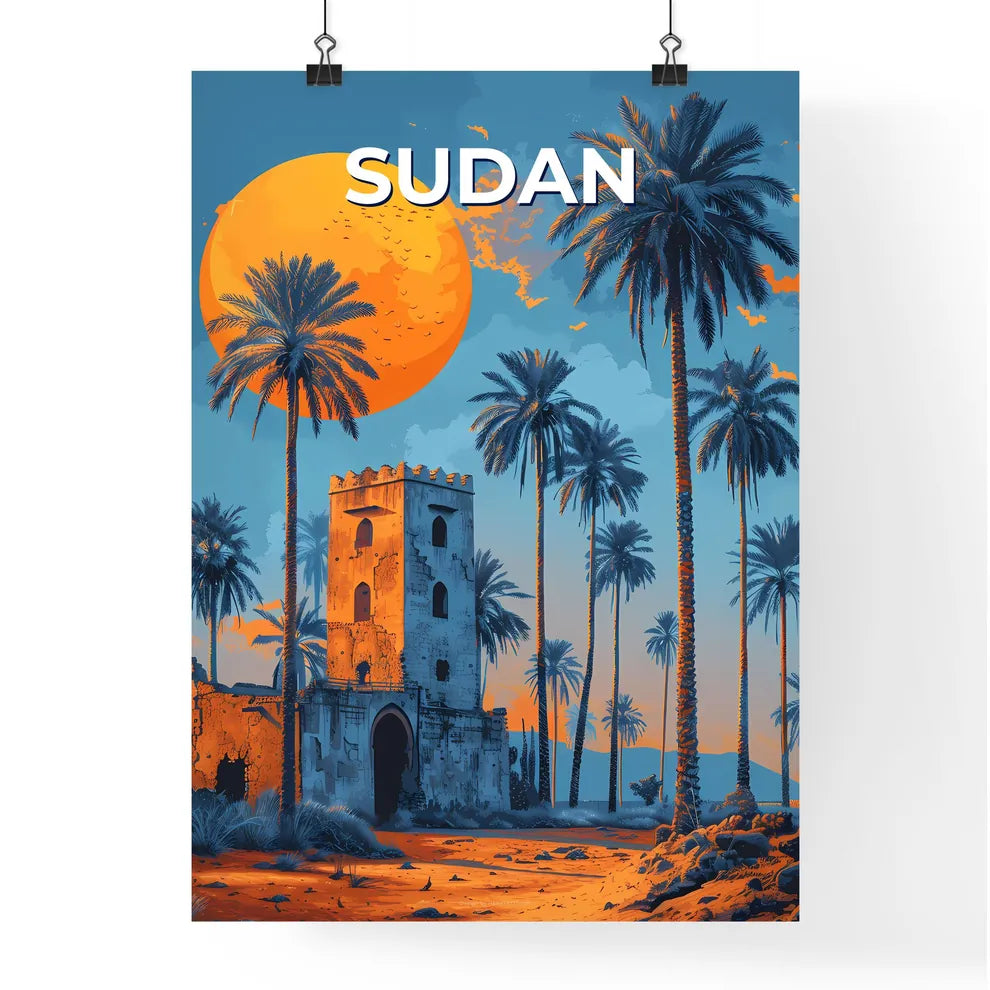Sudan, Africa - Palm Tree and Tower Painting, Vibrant Art, African Culture, Travel, Souvenirs Poster