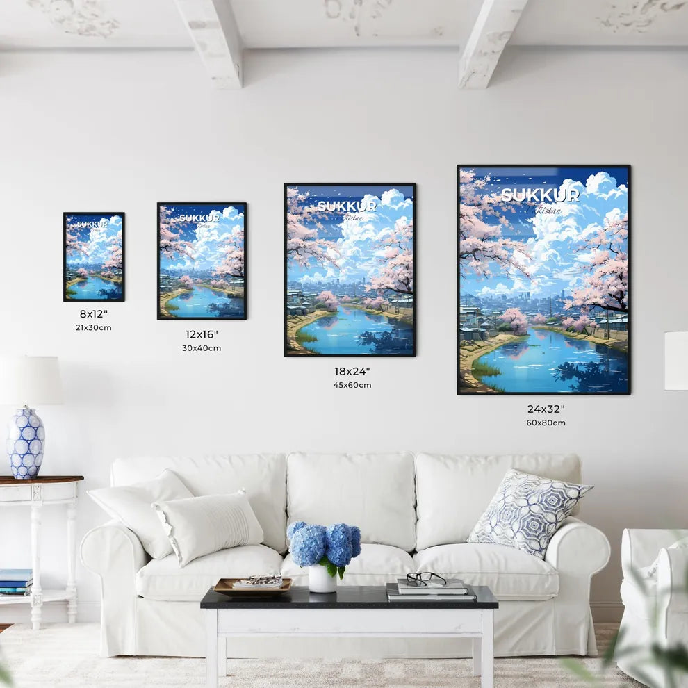 Sukkur Skyline Painting - Vibrant Riverfront Art with Blossoms and Buildings Default Title