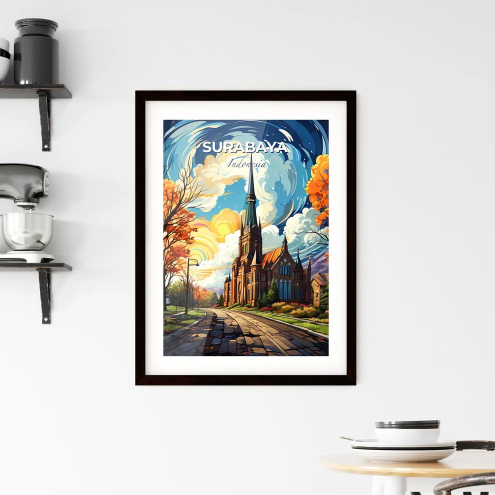 Vibrant Art Painting of Surabaya Indonesia Skyline with Church Steeple, Trees, and Road Default Title