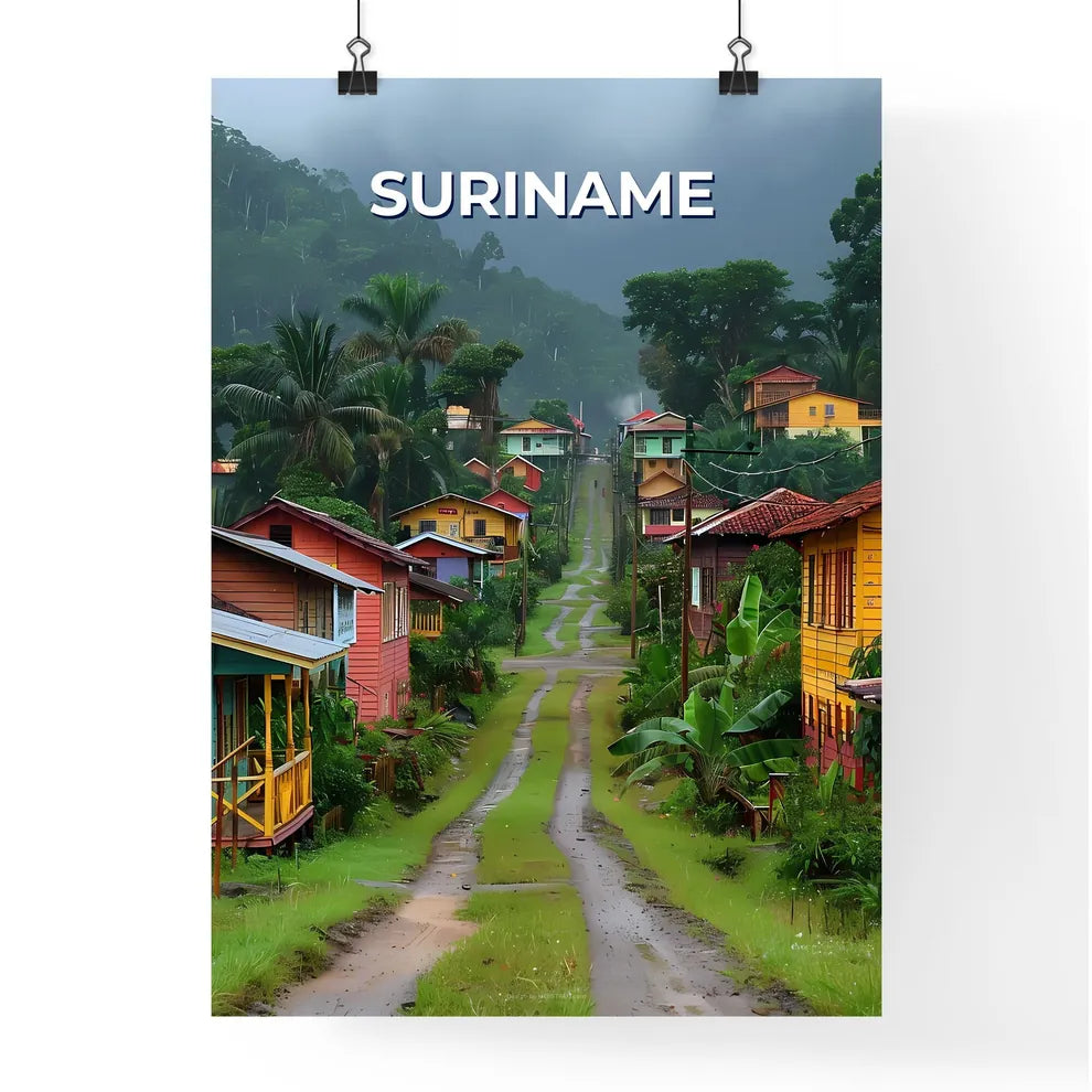 Vibrant Art: Colorful Suriname Houses on Dirt Road in South America Poster