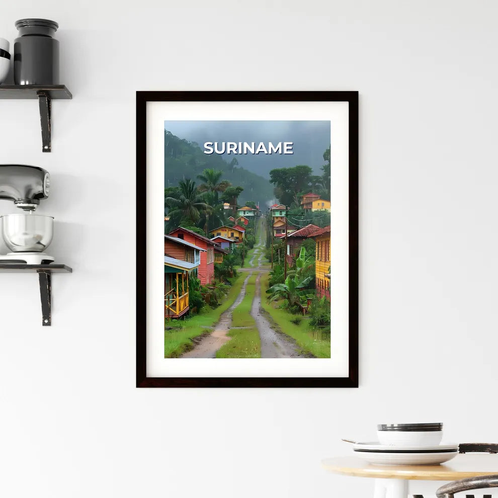 Vibrant Art: Colorful Suriname Houses on Dirt Road in South America Custom Print