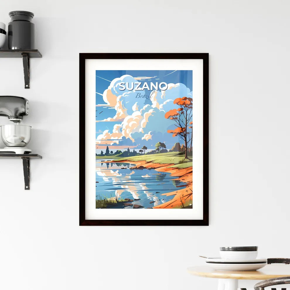 Vibrant Artistic Landscape Depicting Suzano Brazil Skyline with Water and Trees Default Title