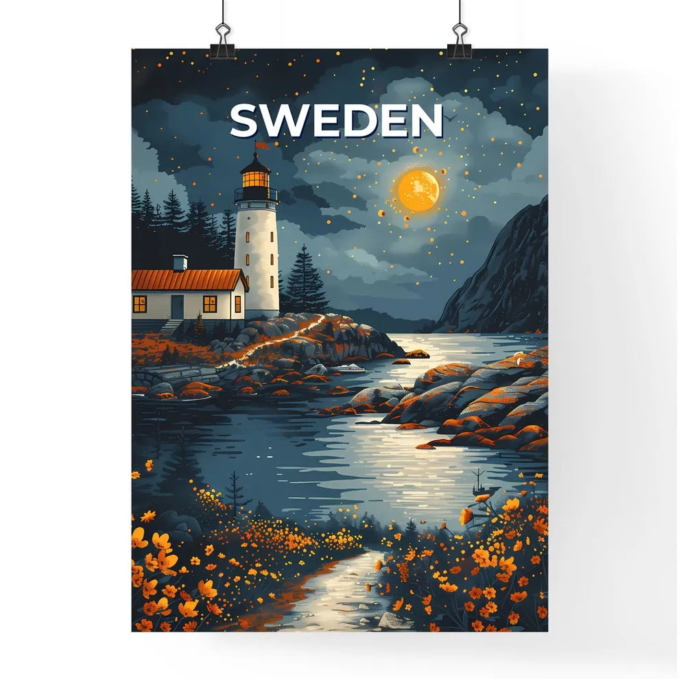 Vibrant Painting of Swedish Lighthouse by River, Depicting European Scenery, Art Focus Poster