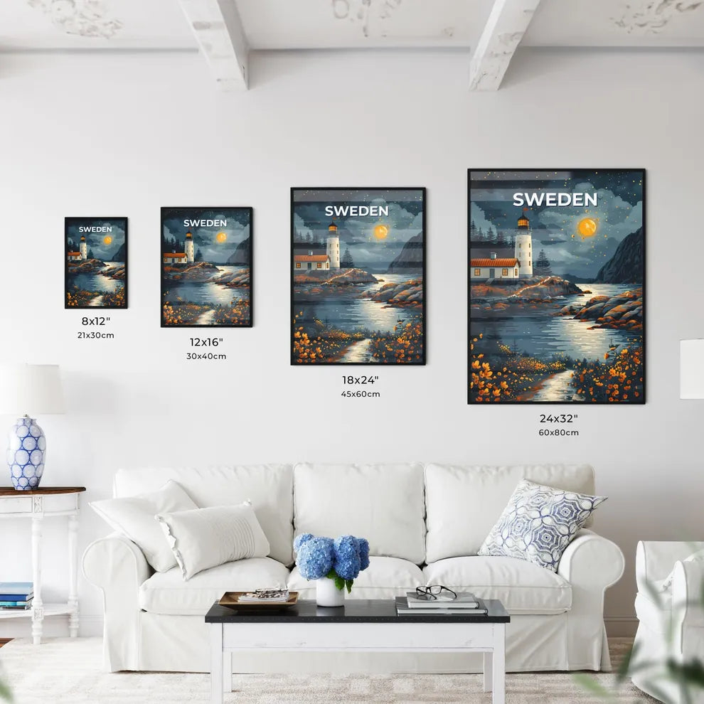 Vibrant Painting of Swedish Lighthouse by River, Depicting European Scenery, Art Focus Size Chart