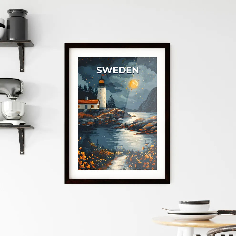 Vibrant Painting of Swedish Lighthouse by River, Depicting European Scenery, Art Focus Custom Print