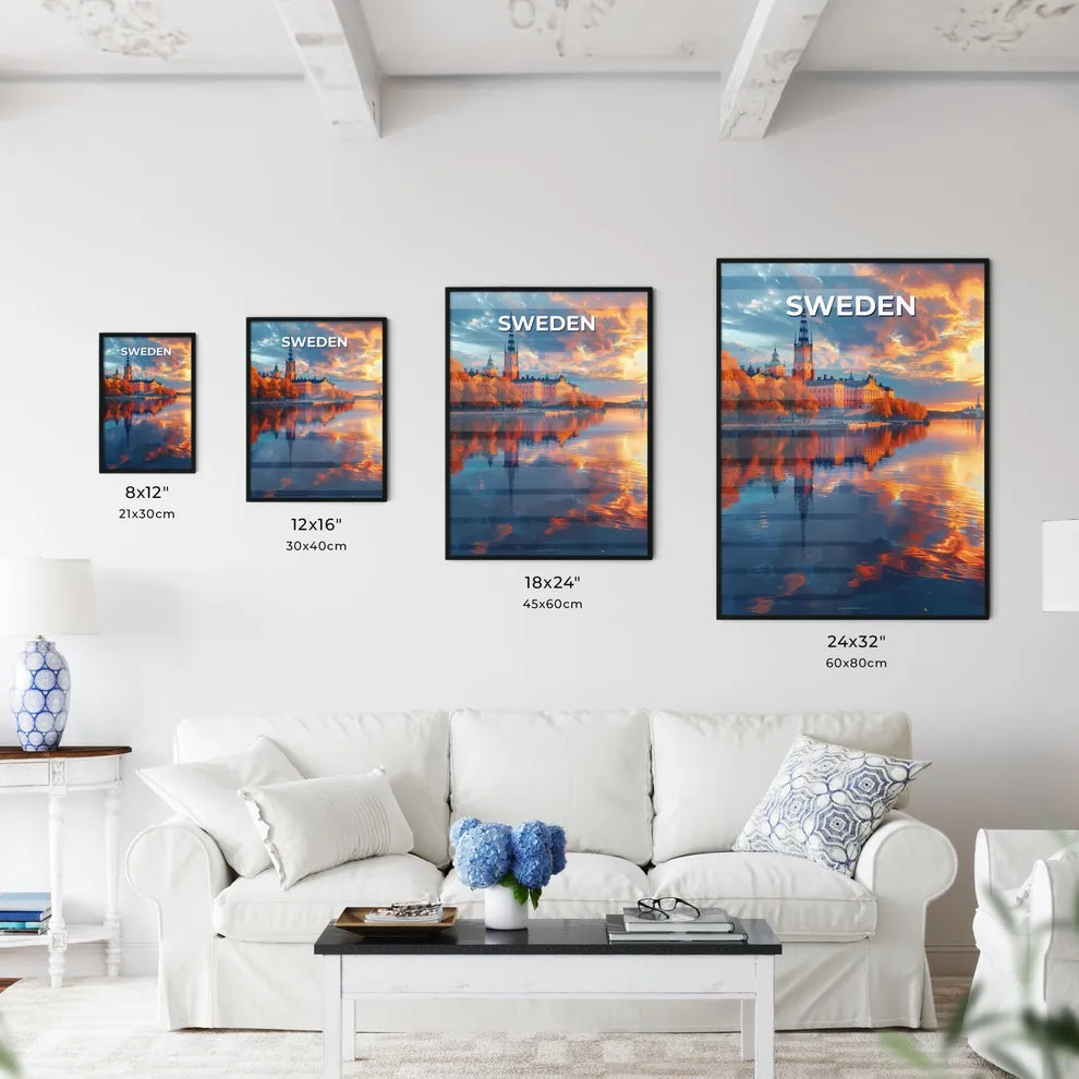 Sweden, Europe, Digital Art, Painting, Artwork, Body of Water, Trees, Buildings, Scenic Landscape, Vibrant Colors Size Chart