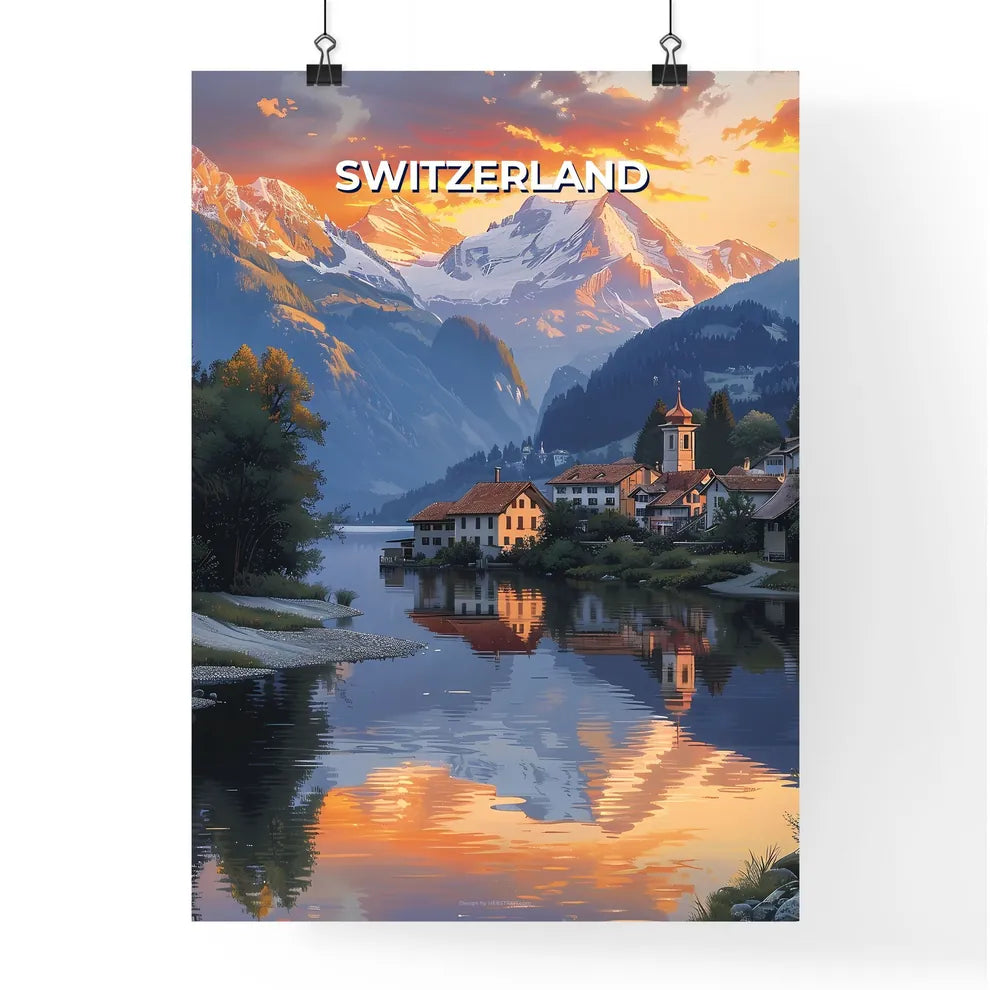 Vibrant Landscape Painting of Swiss Lake, Houses, and Mountains in Europe Poster