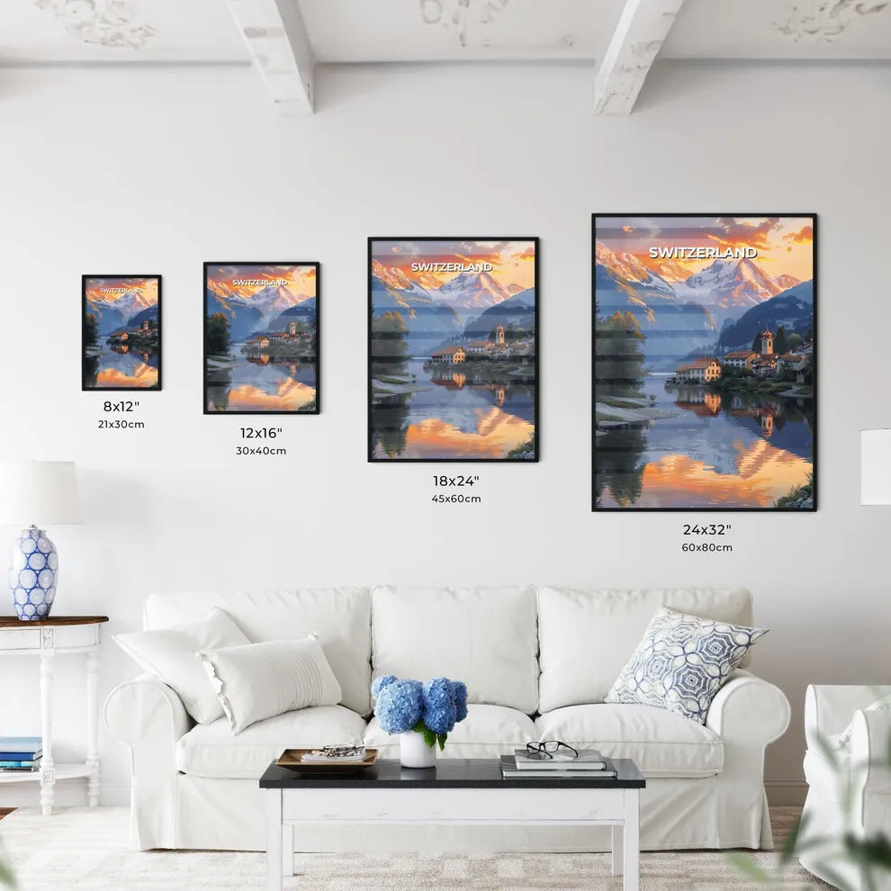 Vibrant Landscape Painting of Swiss Lake, Houses, and Mountains in Europe Size Chart
