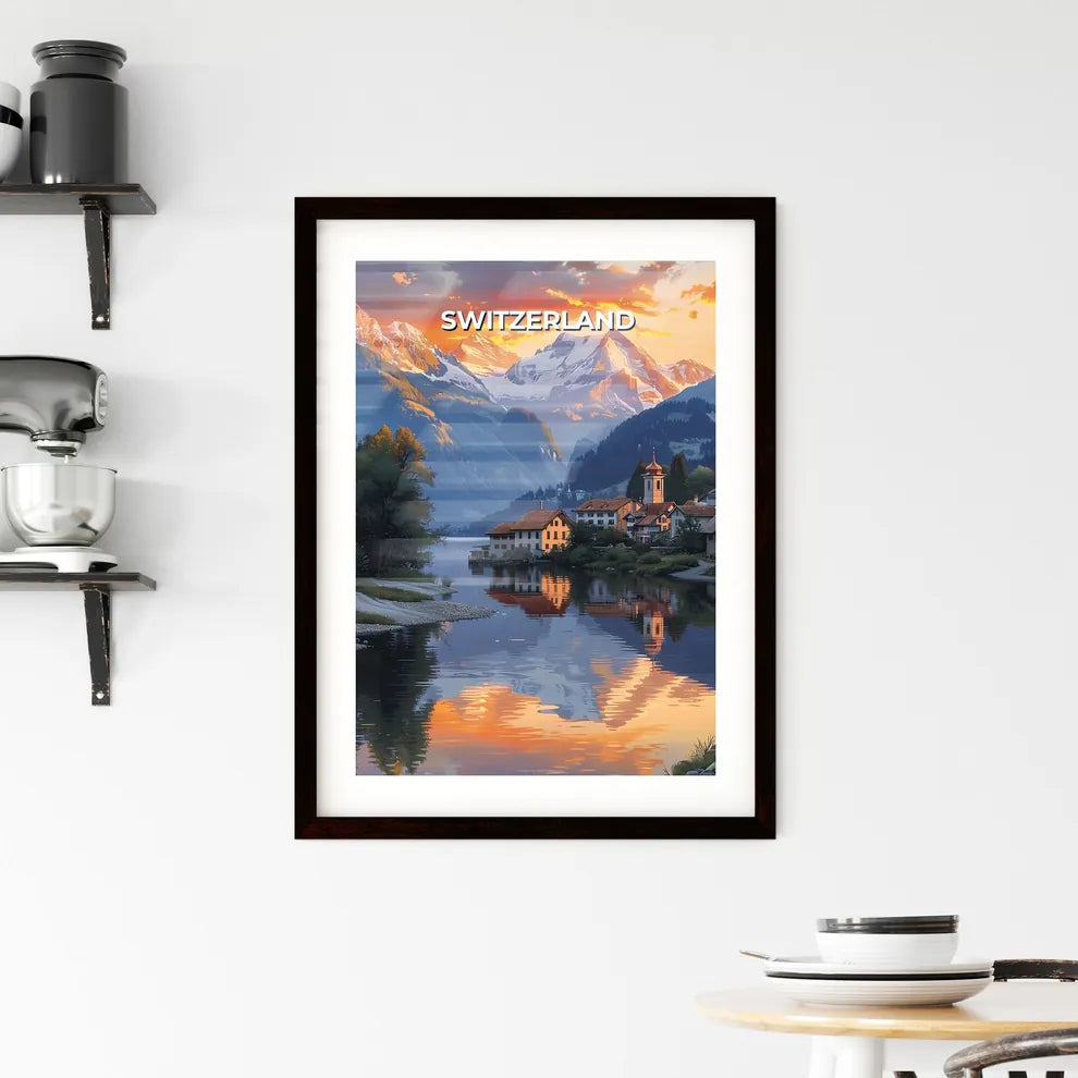 Vibrant Landscape Painting of Swiss Lake, Houses, and Mountains in Europe Custom Print