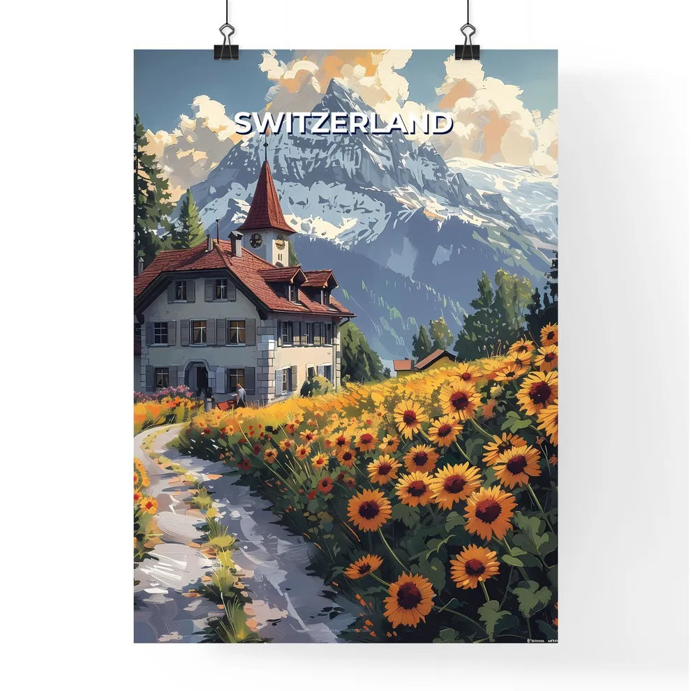 Colorful Abstract Landscape Painting: Field Flowers, Mountains, and House Poster