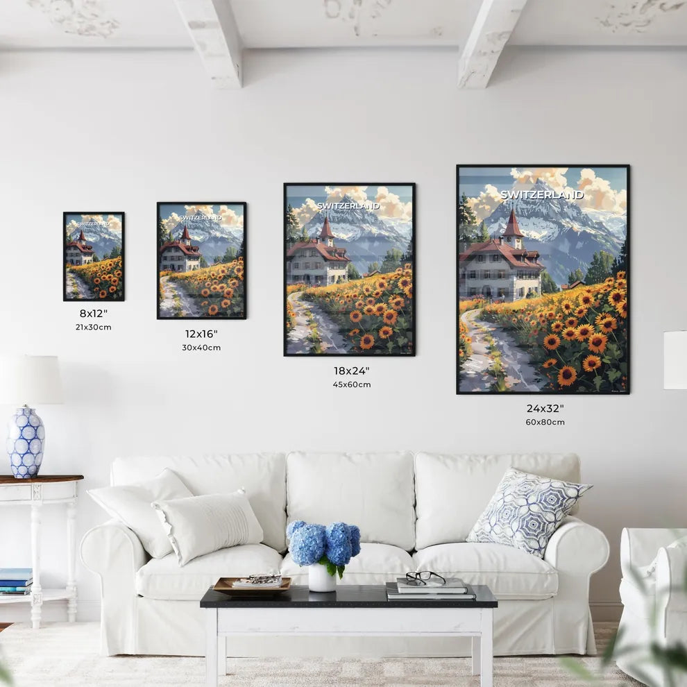 Colorful Abstract Landscape Painting: Field Flowers, Mountains, and House Size Chart