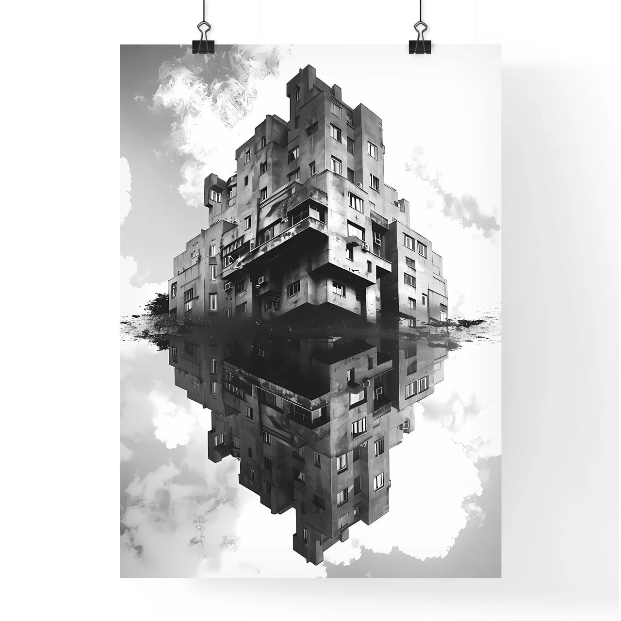 Vibrant Bauhaus Duotone Painting: Symmetrical Art Deco Building Reflected in Water Poster