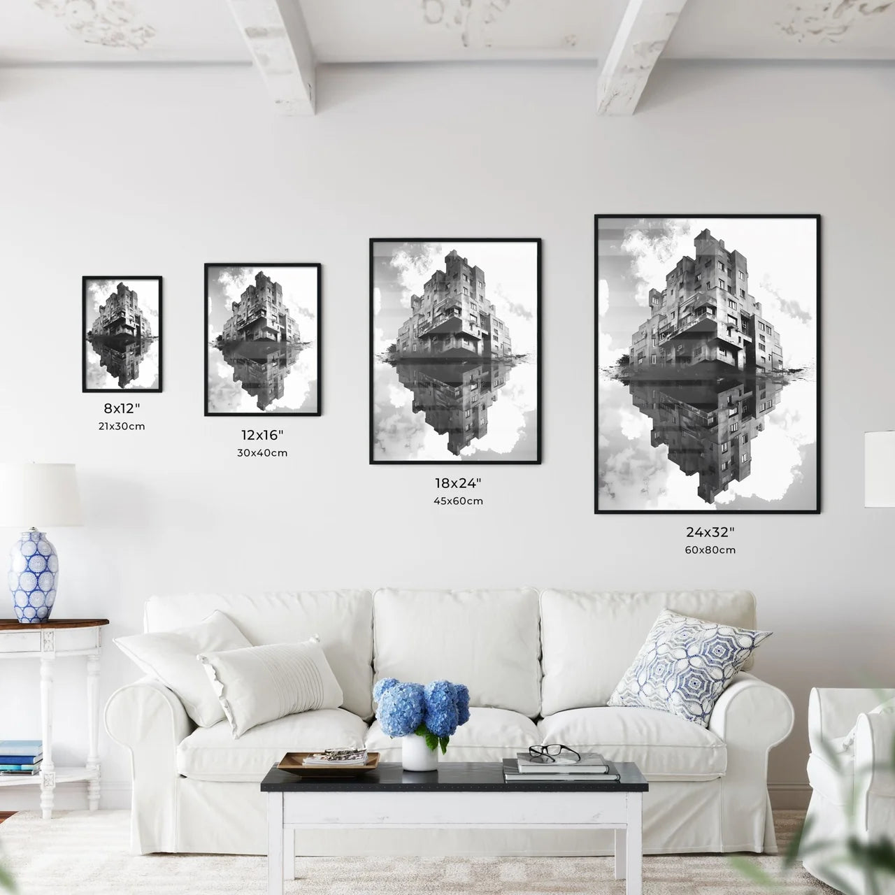 Vibrant Bauhaus Duotone Painting: Symmetrical Art Deco Building Reflected in Water Size Chart