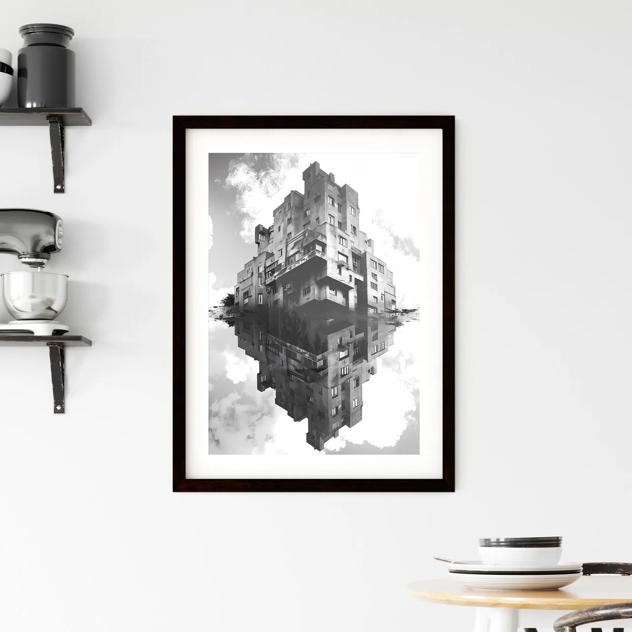 Vibrant Bauhaus Duotone Painting: Symmetrical Art Deco Building Reflected in Water Custom Print