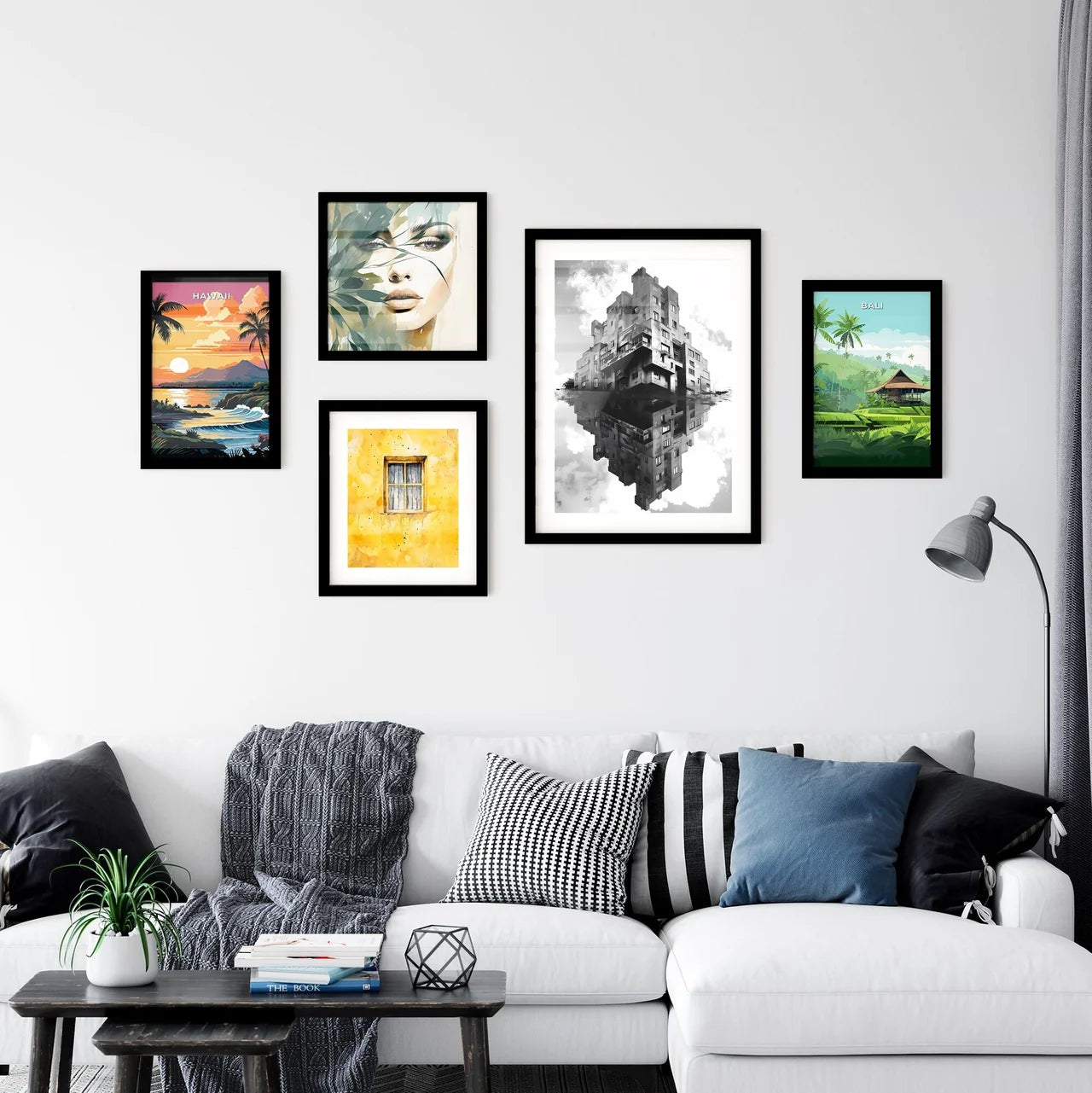 Vibrant Bauhaus Duotone Painting: Symmetrical Art Deco Building Reflected in Water Interior Design