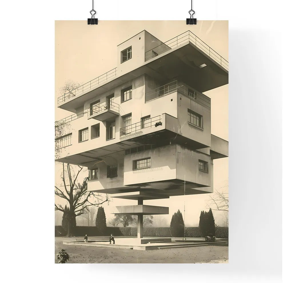 Bauhaus Style Vibrant Painting Floating Architecture Art Deco 1930s Symmetrical Design Duotone Poster