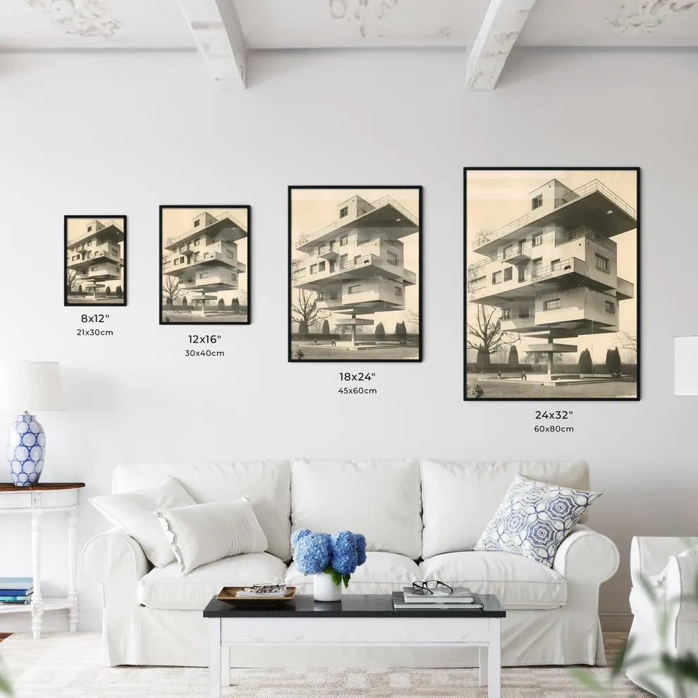 Bauhaus Style Vibrant Painting Floating Architecture Art Deco 1930s Symmetrical Design Duotone Size Chart