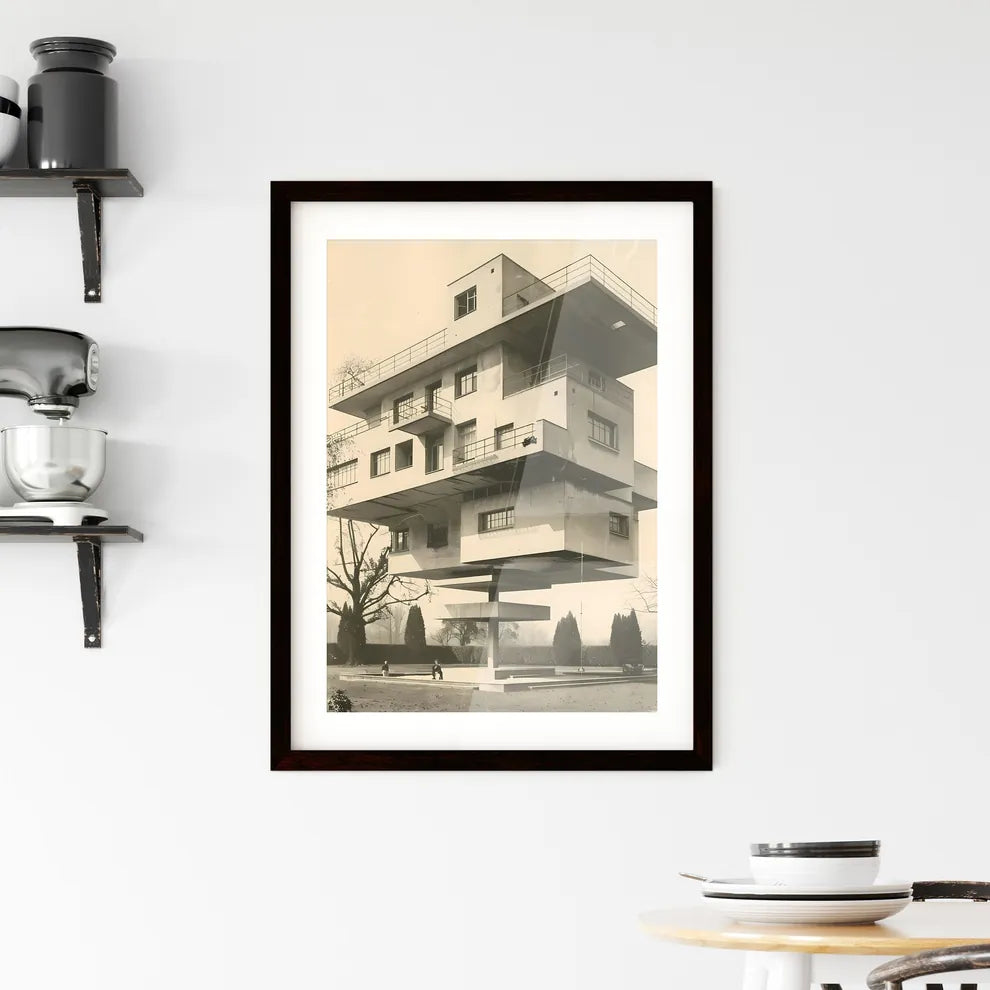 Bauhaus Style Vibrant Painting Floating Architecture Art Deco 1930s Symmetrical Design Duotone Custom Print