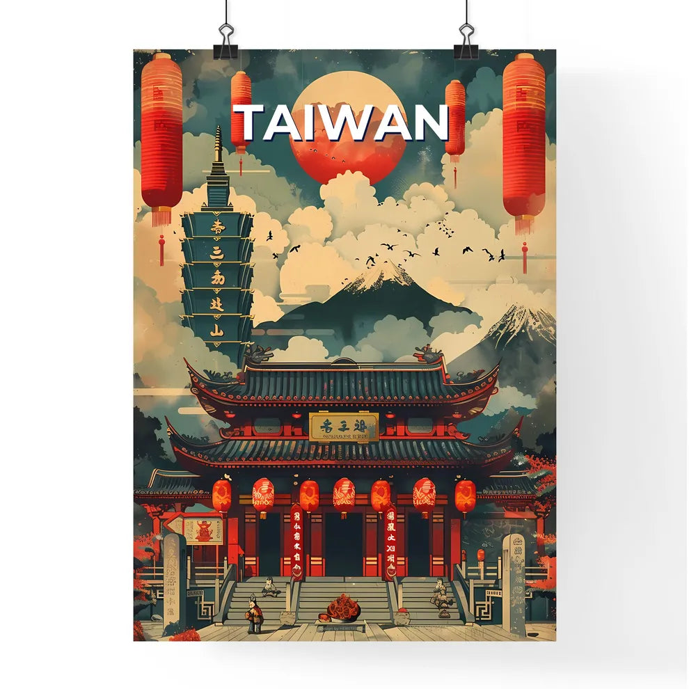 Vibrant Painting, Taiwan, East Asia, Mountains, Building, Lanterns, Art Poster