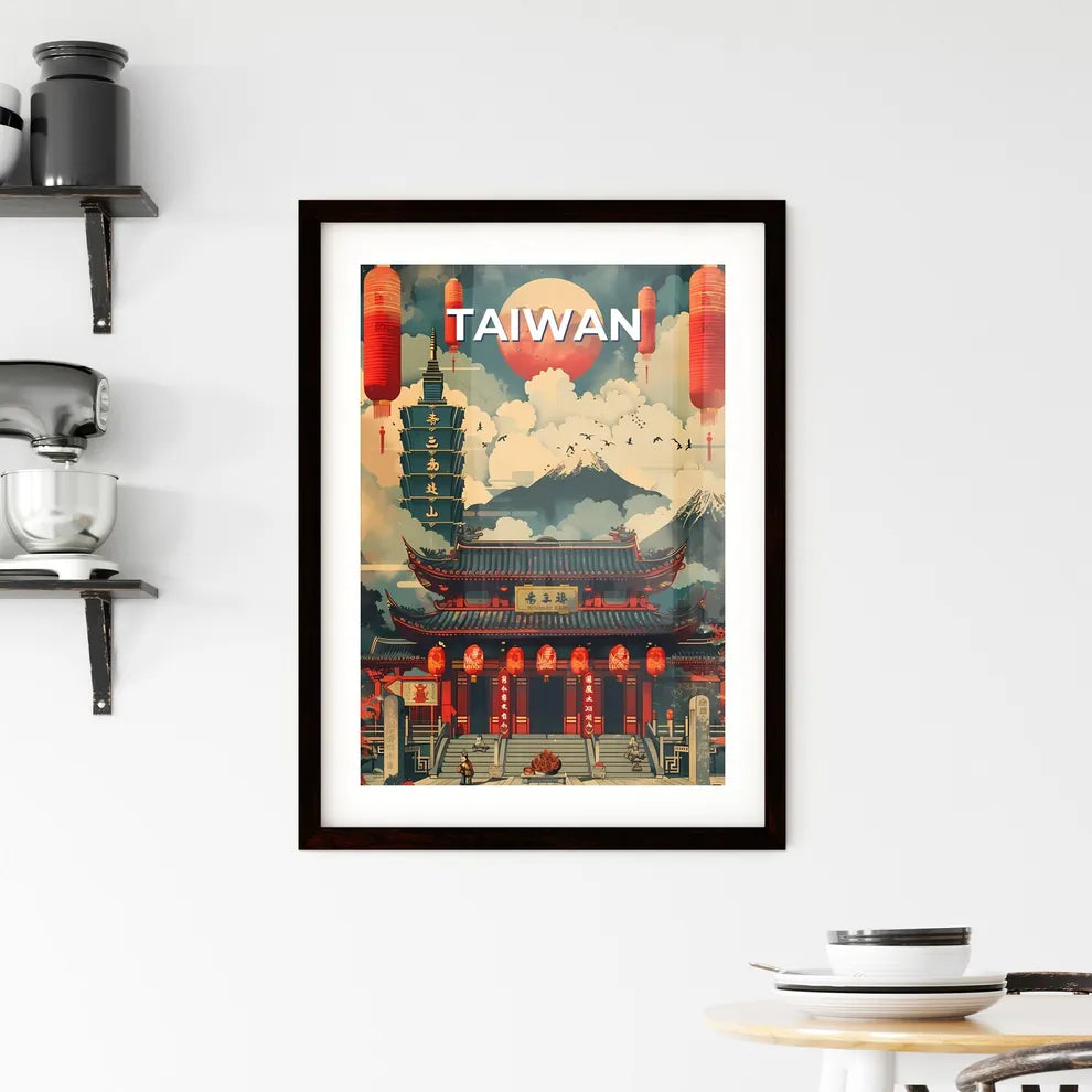 Vibrant Painting, Taiwan, East Asia, Mountains, Building, Lanterns, Art Custom Print