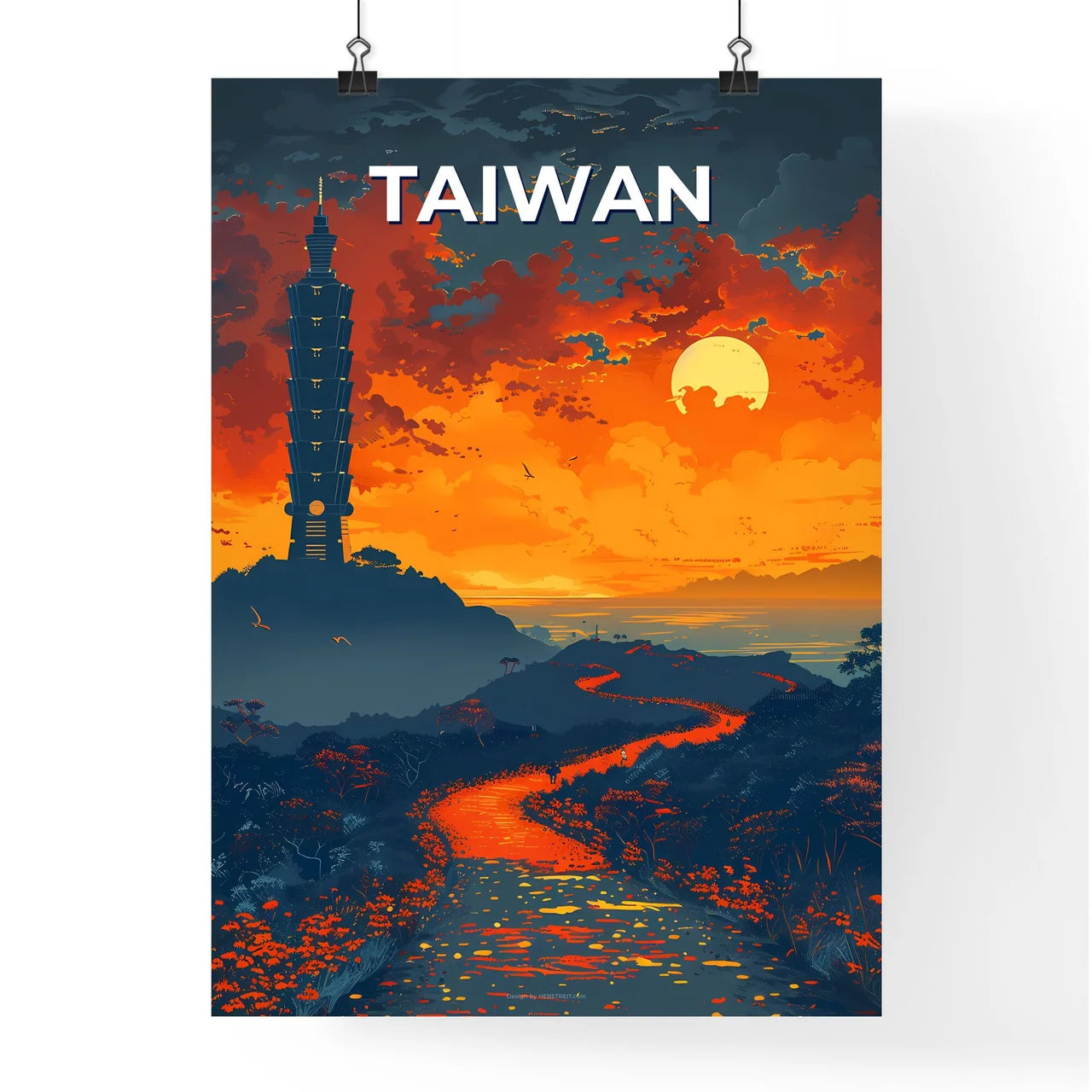 Taiwan Landscape Painting, East Asia River and Tower Poster