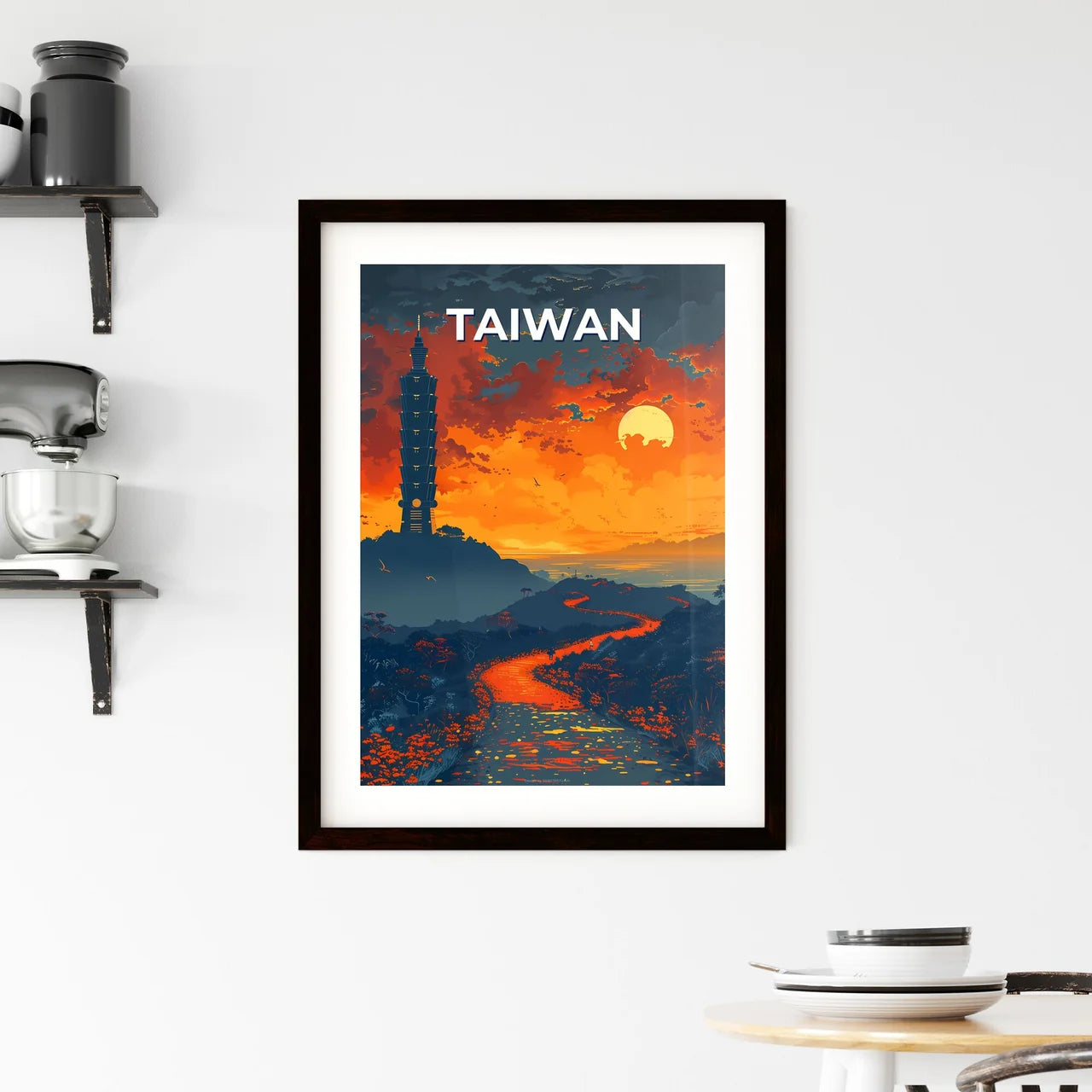Taiwan Landscape Painting, East Asia River and Tower Custom Print