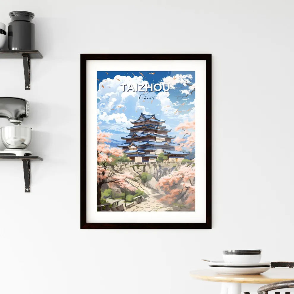 Vibrant Watercolor Painting of Taizhou Cityscape with Hilltop Buildings and Pink Trees Default Title