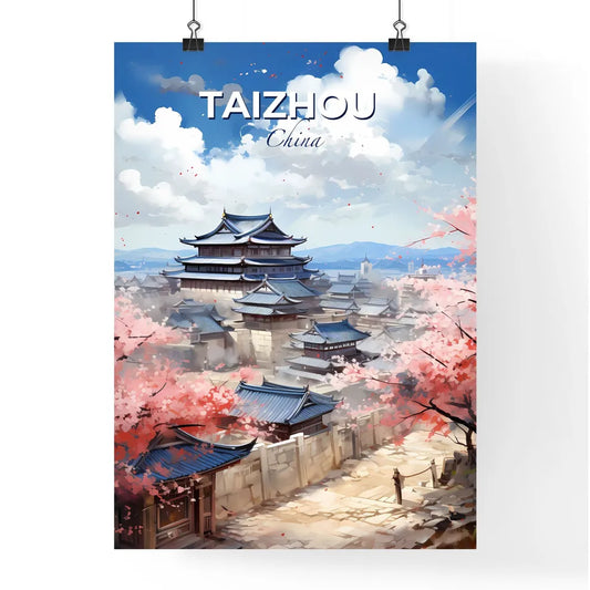 Colorful Pagoda Skyscrapers Art Taizhou City Skyline China with Cherry Blossoms Landscape Painting Default Title