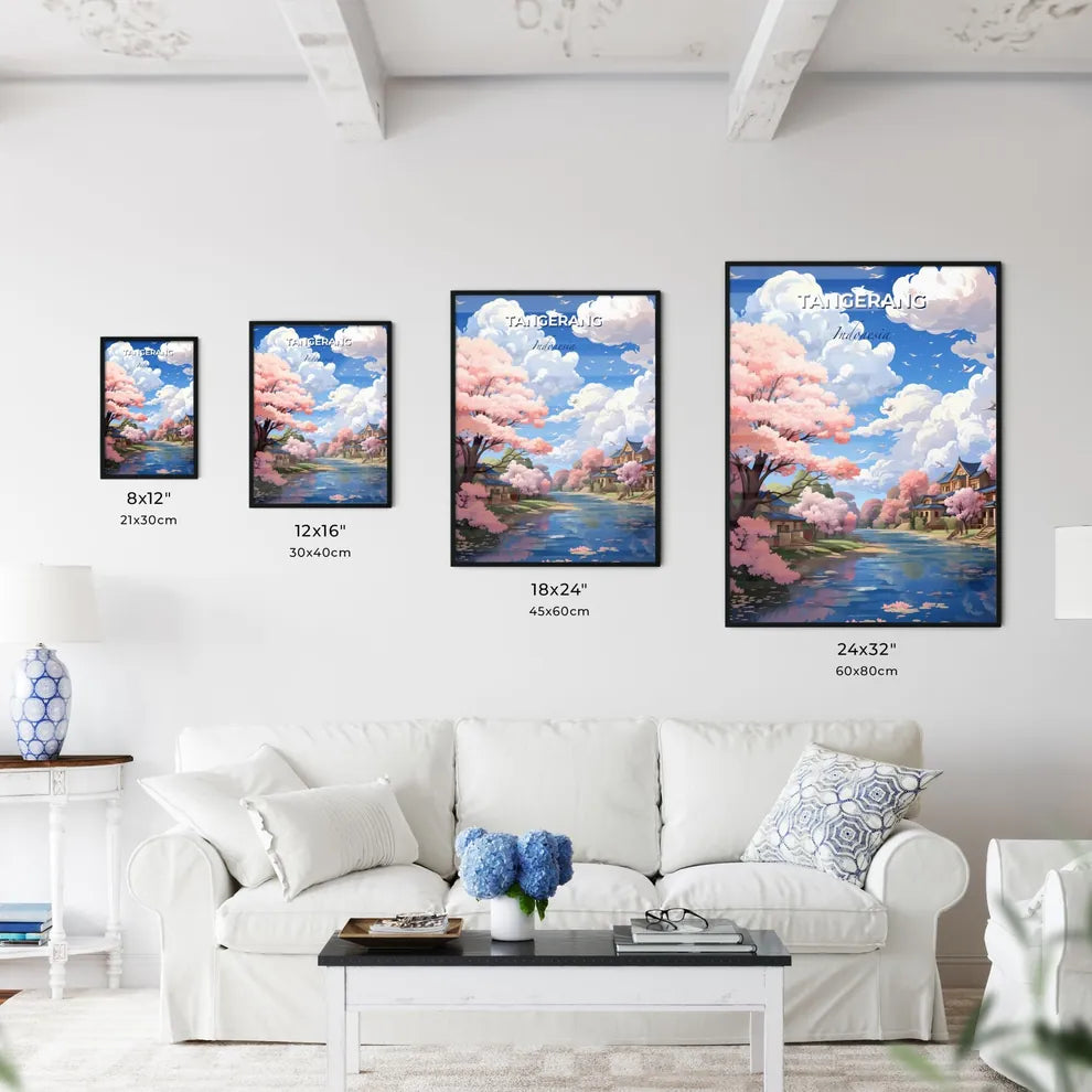 Artful Tangerang Skyline: Vibrant River Scene with Pink Trees and Houses in Indonesia Default Title