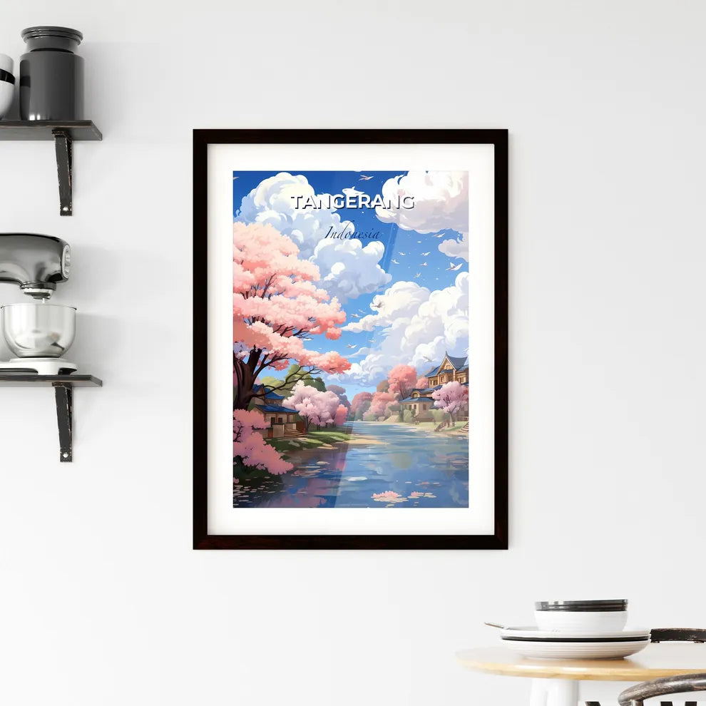 Artful Tangerang Skyline: Vibrant River Scene with Pink Trees and Houses in Indonesia Default Title