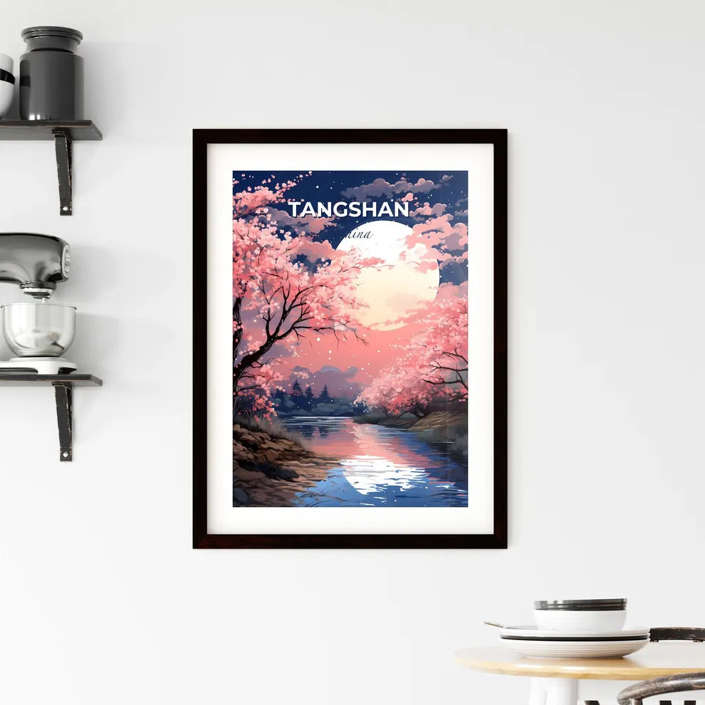 Chinese Painting Art of Tangshan City Skyline River Pink Trees Full Moon Default Title