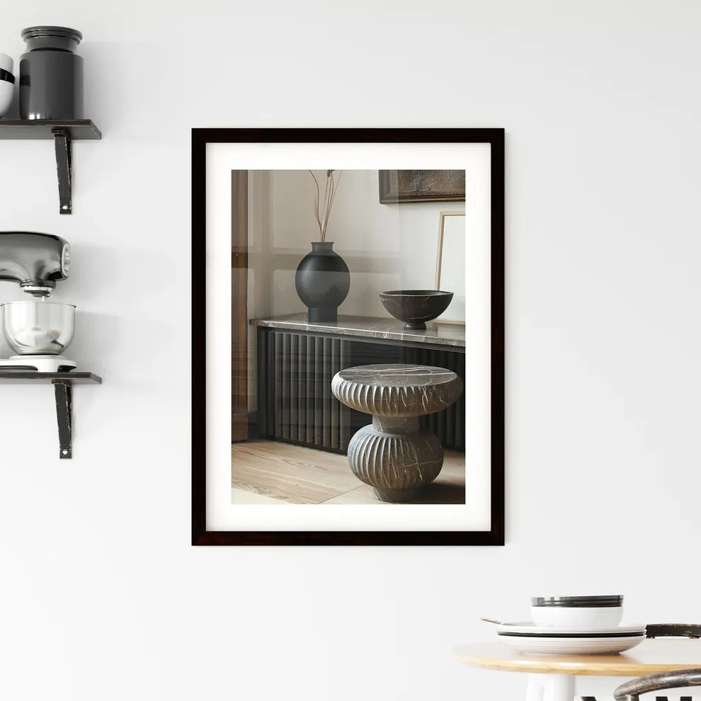 Contemporary black metal nightstand with flu Framed Print