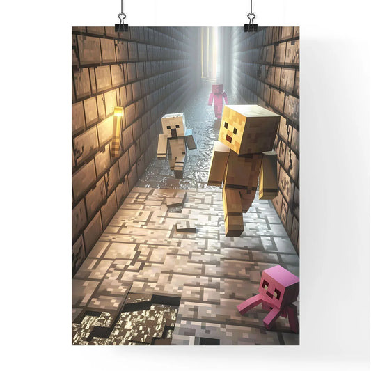 Primitive Minecraft Structures in Golden Hue Poster