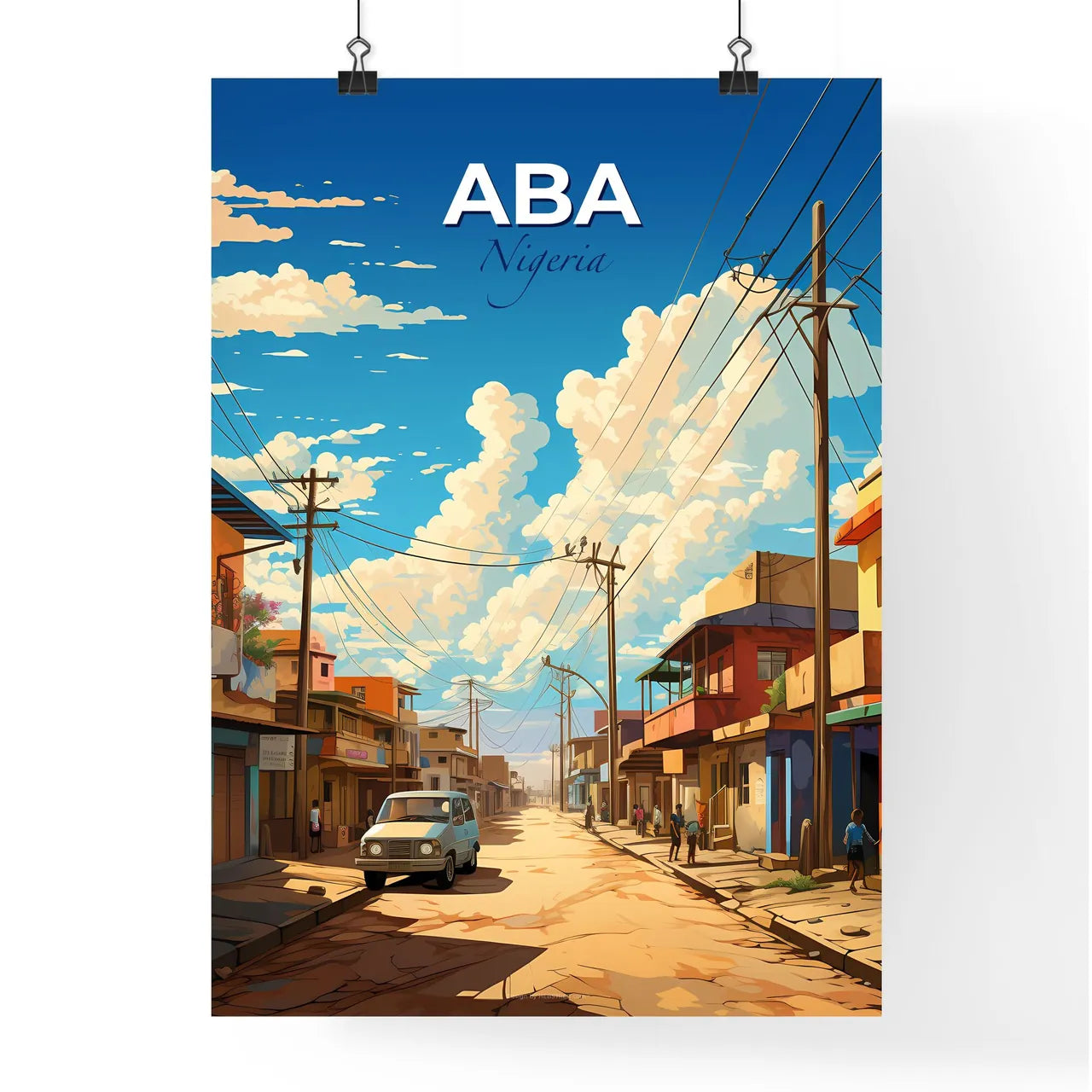 Vibrant Nigerian Street Art Depiction of Aba Skyline with Buildings and Vehicles Default Title