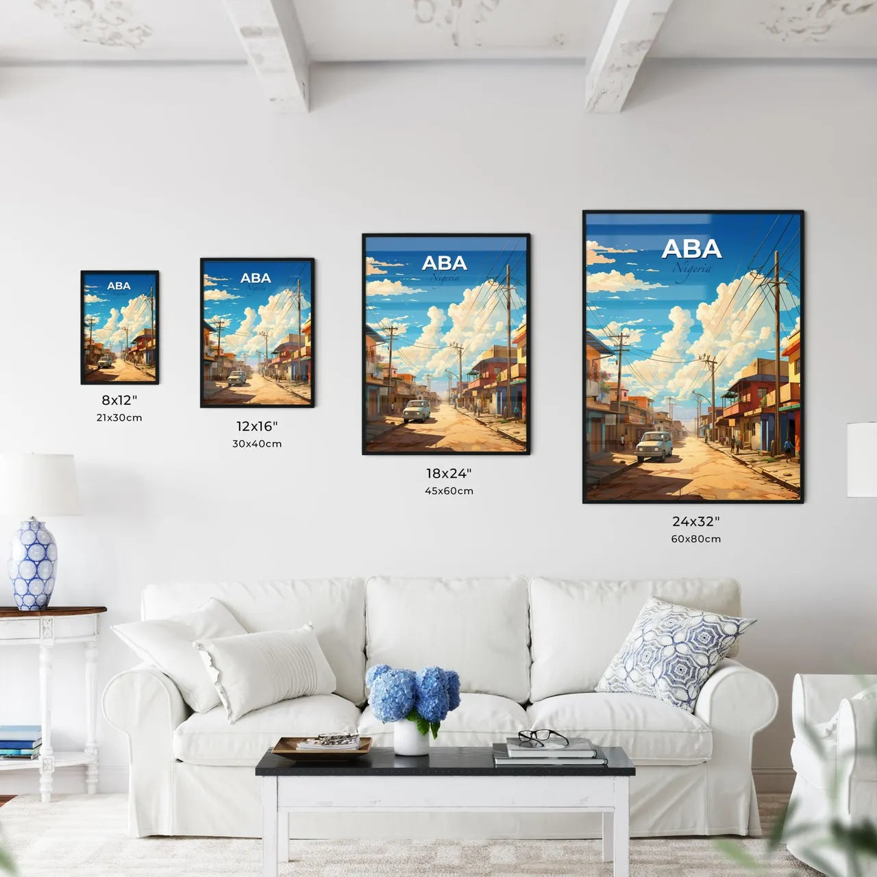 Vibrant Nigerian Street Art Depiction of Aba Skyline with Buildings and Vehicles Default Title