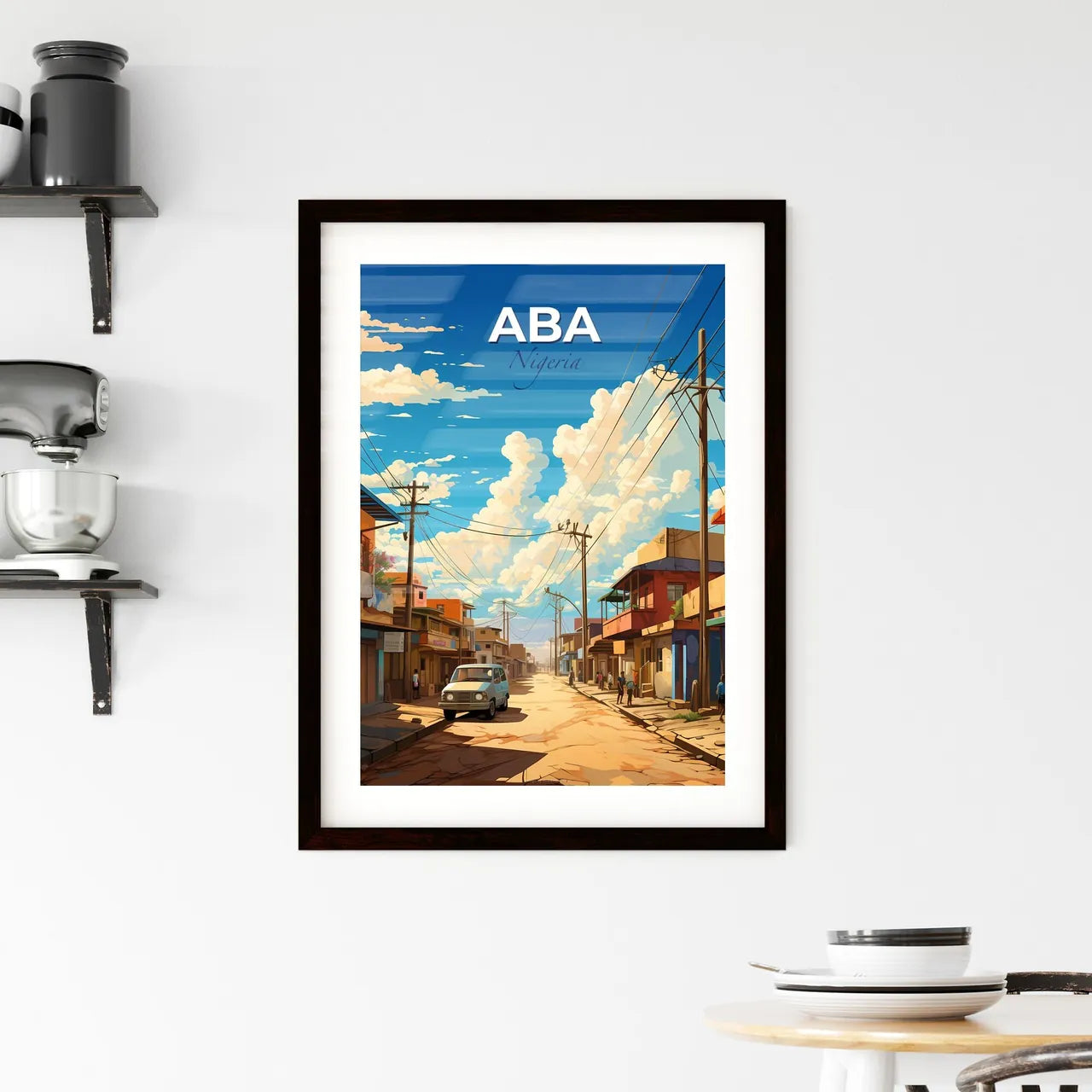 Vibrant Nigerian Street Art Depiction of Aba Skyline with Buildings and Vehicles Default Title