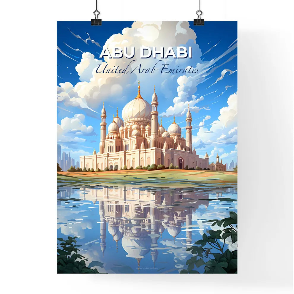 Abu Dhabi Cityscape Painting: Vibrant Skyline with Domed Building and Reflective Pond Default Title