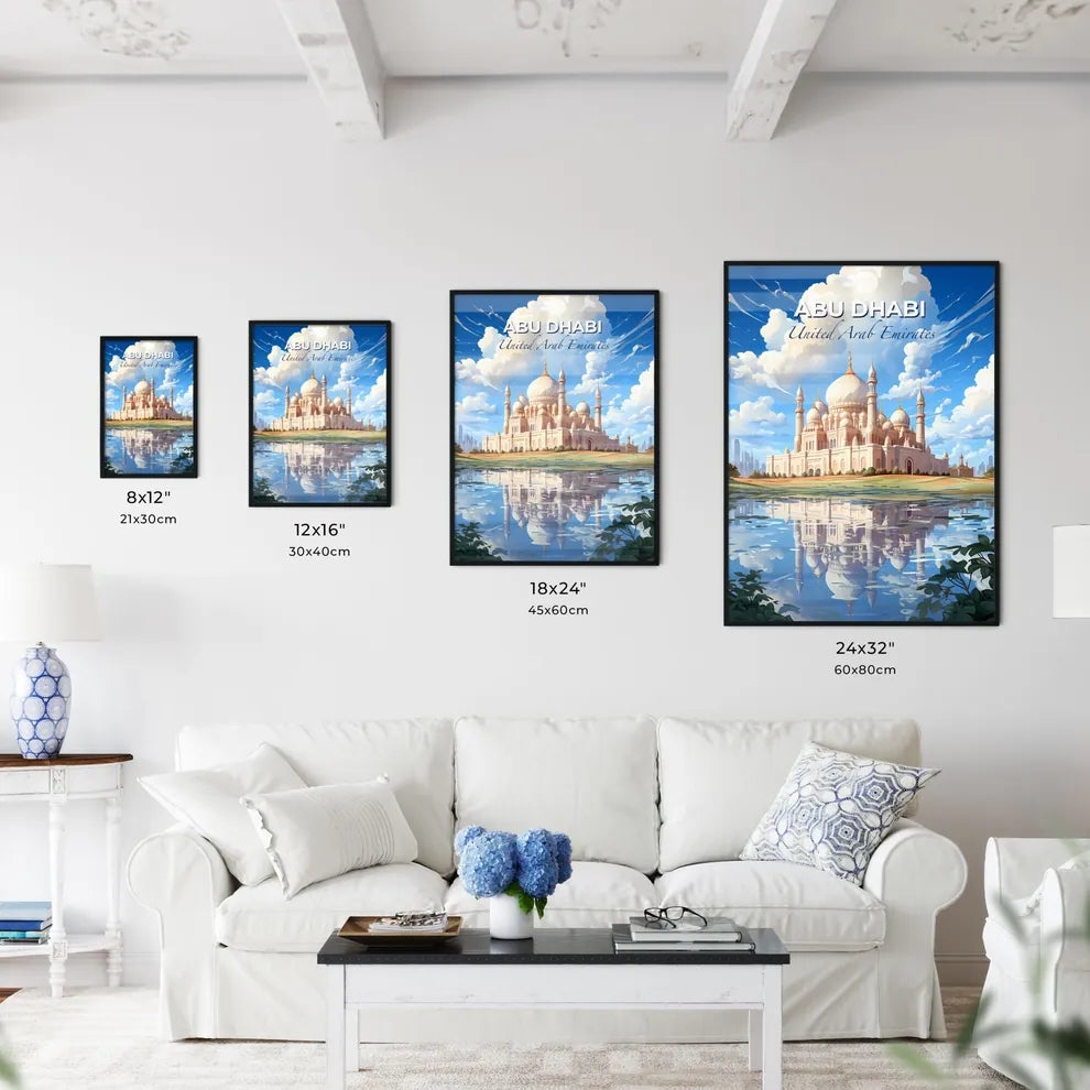 Abu Dhabi Cityscape Painting: Vibrant Skyline with Domed Building and Reflective Pond Default Title