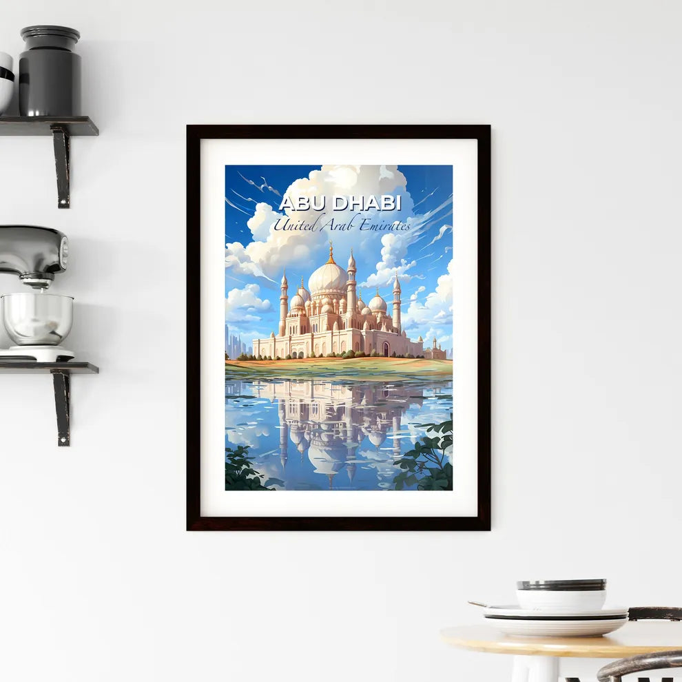 Abu Dhabi Cityscape Painting: Vibrant Skyline with Domed Building and Reflective Pond Default Title