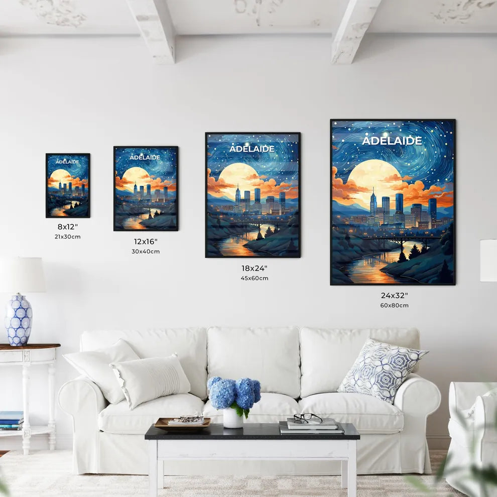 Vibrant Art Cityscape: Adelaide Skyline with Moon and Bridge Default Title